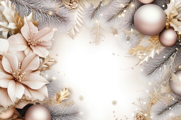 Obraz premium Festive Embellishment: An enchanting collection of Christmas ornaments, poinsettia flowers, and twinkling lights, artfully arranged to celebrate the holiday spirit.