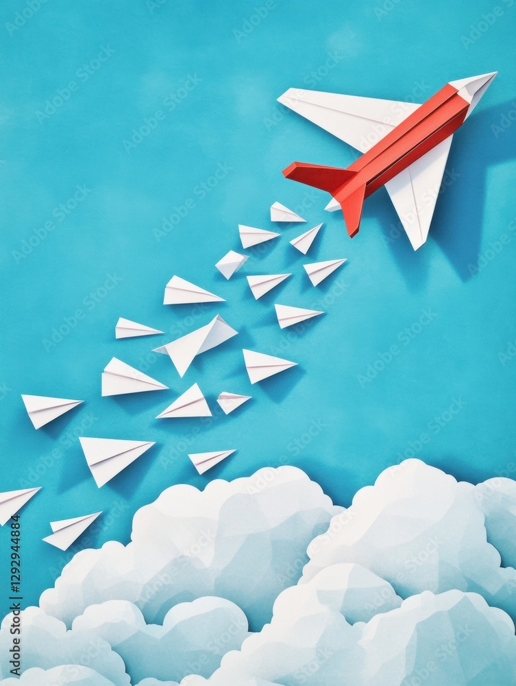 Aufkleber Red and white airplane leading a formation of paper planes in a bright blue sky full of soft clouds. Generative AI