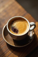 Warm brown liquid in a ceramic cup on a wooden table, natural, coffee, texture