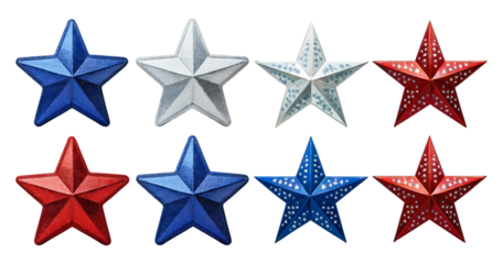 Colorful Decorative Stars in Red, Blue, and Silver for Festive Events, isolated on transparent background