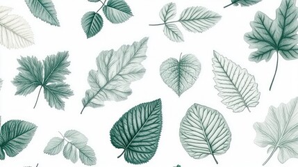 Green leaves pattern, botanical illustration, white background, nature design, fabric print