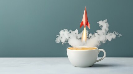 A creative conceptual scene where a paper rocket is launching from the steam of a cup of hot coffee representing imagination innovation and the launch of new ideas