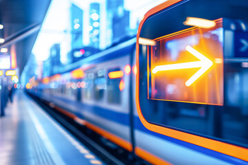 Obraz premium A modern high-speed train with sleek blue and orange colors waits at a futuristic urban station, reflecting city lights with a blurred background of commuters. Copy Space 