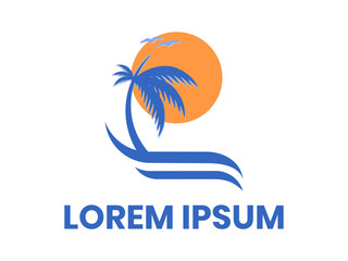 Tropical Beach Logo with Palm Tree, Sun, and Ocean Waves