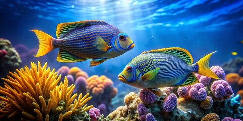 Obraz premium Vibrant Reef Inhabitants Two Striking Tropical Fish Gracefully Swim Amidst a Lush Coral Garden, Displaying Their Vivid Colors and Intricate Patterns in a Sunlit Underwater Paradise.