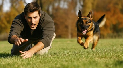 Man playing fetch with German Shepherd in autumn park