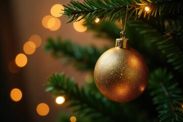 Fototapeta premium A delicate, sparkling golden Christmas ornament hanging from the branch of a towering Christmas tree with bright lights, lights, tree