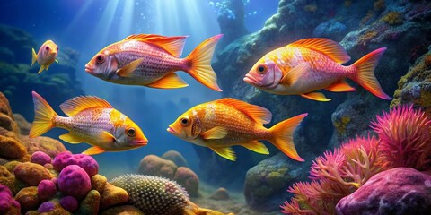 Fototapeta premium Vibrant Reef Scene Featuring Four Ornate Fish Swimming Amongst Colorful Coral and Rocks