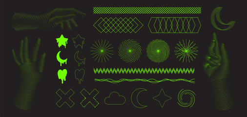 Y2k aesthetic element pack with neon green designs on black - contoured hands, melting shapes, spiral rays, wavy patterns and geometric grids, mesh moon, outlined stars and cloud, glitch crosses.