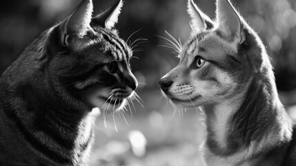 Fototapeta premium Two cats face-to-face, outdoor portrait, bokeh background, pet love