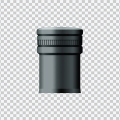 A realistic, 3D rendering of a gray metal bottle cap is depicted against a transparent, checkered background. The cap has a cylindrical shape with ribbed detailing around the neck and a flat top. 