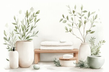 Obraz premium A soft watercolor painting of a serene spa corner with a wooden bench, a fluffy towel, and a calming fountain surrounded by green plants