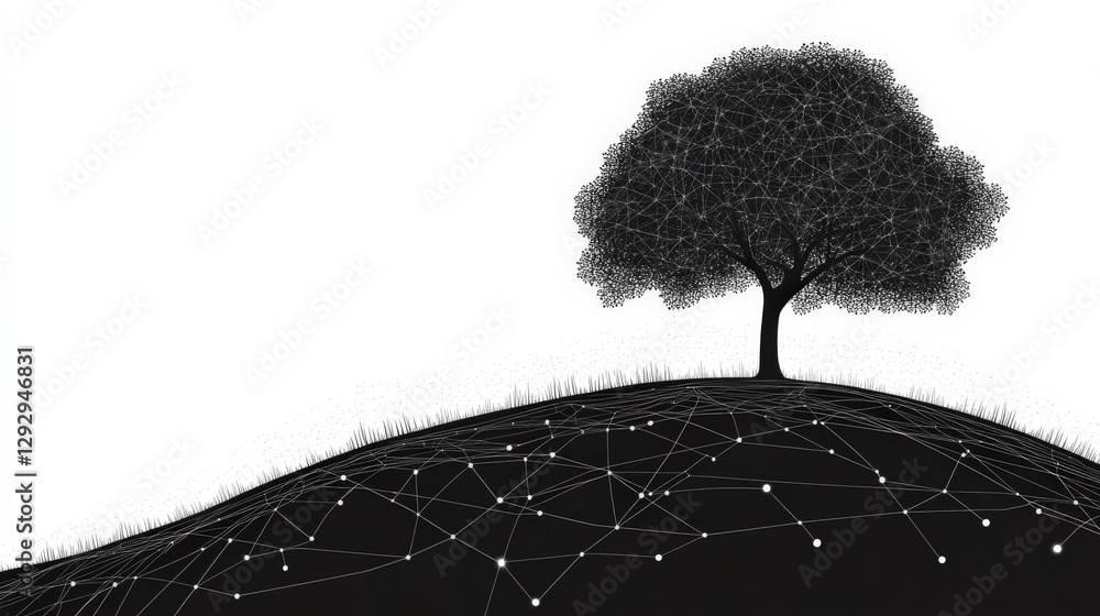 Poster abstract representation of a tree on a hill with a network design symbolizing connectivity and natur