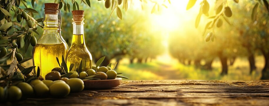 Olive Oil Bottles in an Orchard
