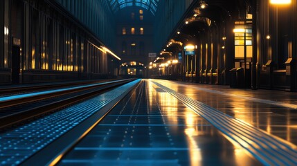Night train platform, glowing tracks, city backdrop, travel