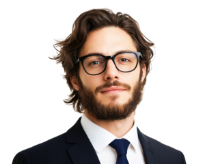 A well-dressed man with glasses and a beard, exuding confidence and professionalism.