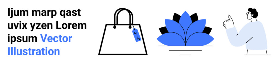 Shopping bag with tag, stylized blue flower, and person pointing at text. Ideal for shopping, floral themes, creative designs, education, art promotion, branding flat landing page banner