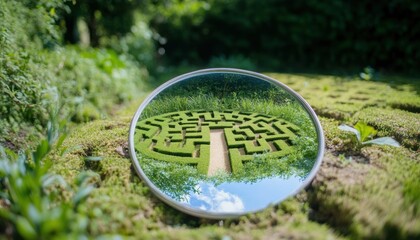 Reflective mirror revealing a clear path in a maze enchanted forest photography lush environment close-up conceptual clarity