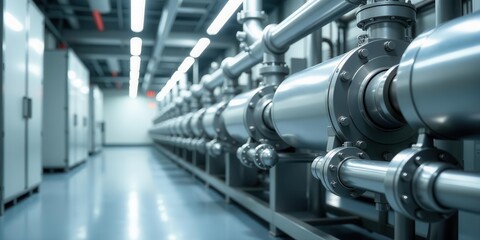 Obraz premium Industrial Facility Row of Sleek Metal Pipes and Machinery in a Modern Setting