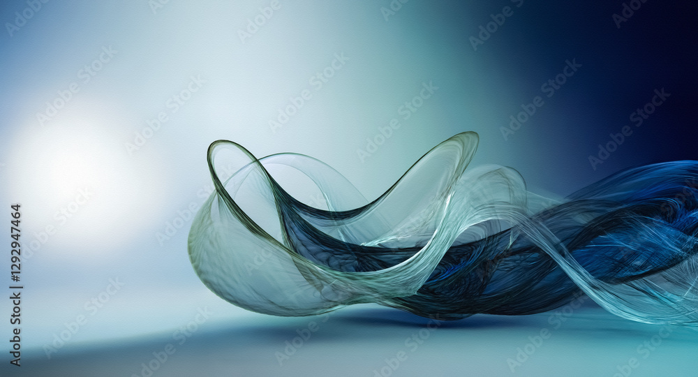 Poster abstract wavy form in blue and white hues flows across a gradient background. soft light enhances th