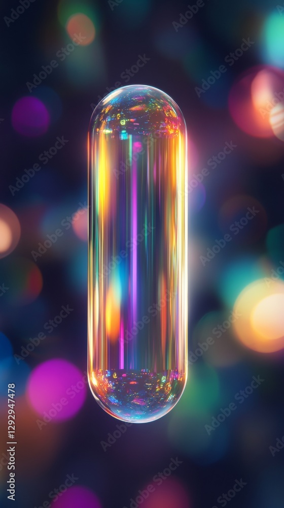 Poster colorful iridescent capsule with bokeh lights, luminous reflection. futuristic and abstract art conc