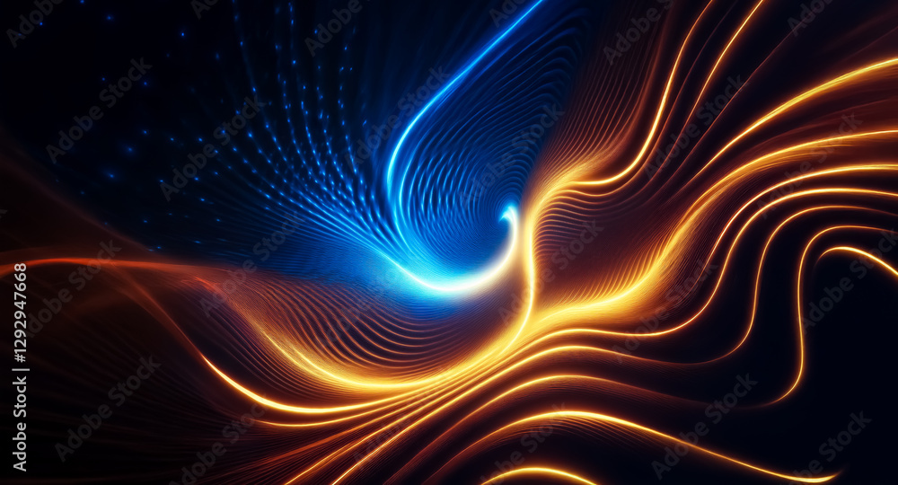 Poster abstract image with dynamic flowing lines of blue and orange light on a dark backdrop, creating a mo