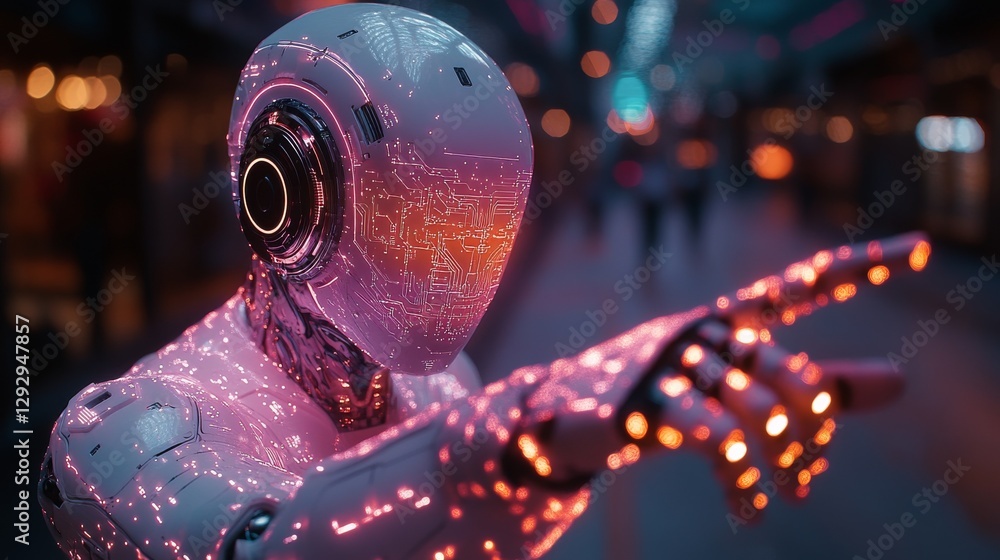 Fototapete futuristic robot with illuminated circuit patterns pointing in dark urban environment with neon glow