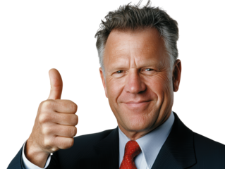 A confident man in a suit gives a thumbs-up, conveying positivity and approval against a black background.