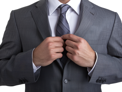A well-dressed man adjusting his suit jacket and tie, exuding sophistication and professionalism.