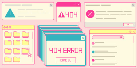Retro software windows set isolated on background. Vector realistic illustration of old computer program borders, 404 error warning message, folder icons, blank messenger chat, 90s app design elements