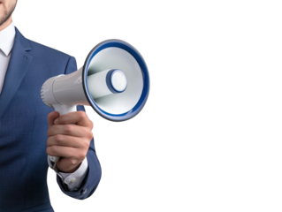 A man in a suit holds a megaphone against a black background, emphasizing communication and authority.