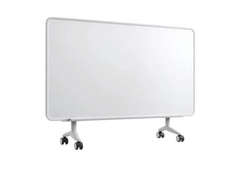 A large, movable whiteboard on wheels, designed for presentations and collaborative work, featuring a smooth writing surface.