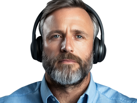 A close-up portrait of a man with a beard, wearing headphones, looking serious against a dark background.