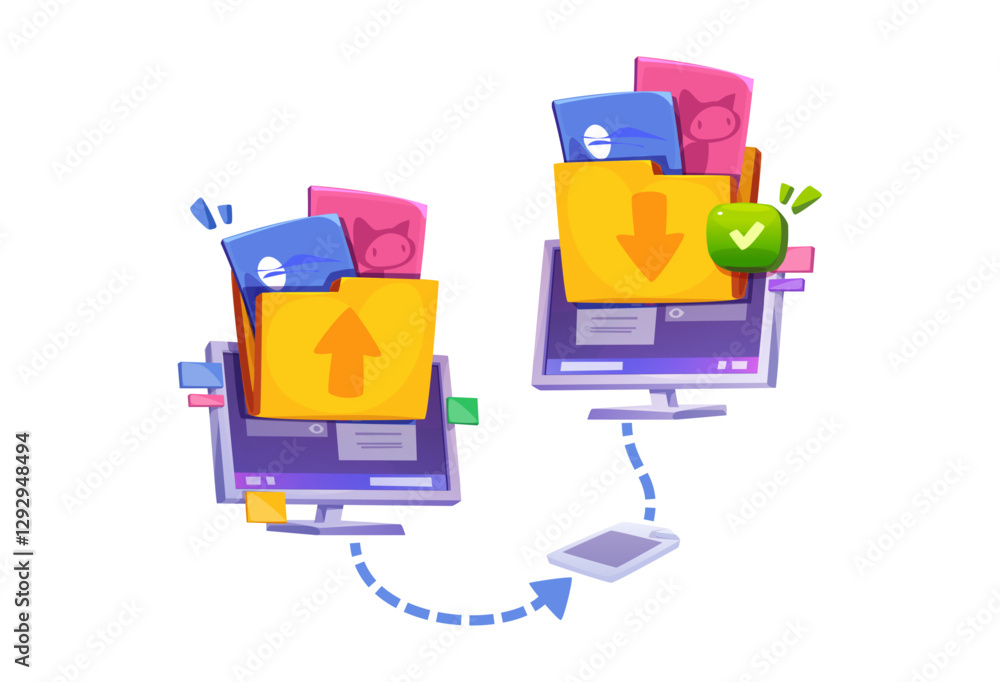 Poster device synchronization showing data transfer between computers. cartoon yellow folders with files mo