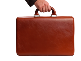 A hand holds a polished brown leather briefcase, showcasing its sleek design and sturdy handle.