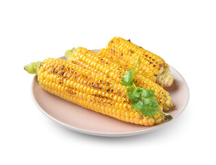Plate with tasty grilled corn cobs and parsley on white background