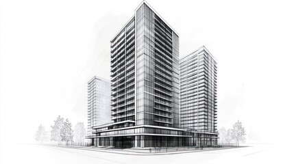 Architectural sketch of modern high-rise buildings. Urban design concept.