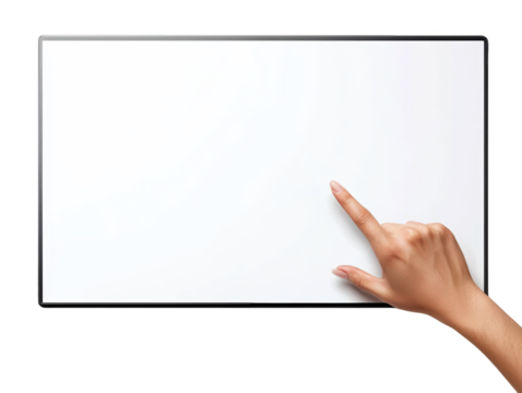 A hand points at a blank white canvas against a black background, symbolizing creativity and potential.