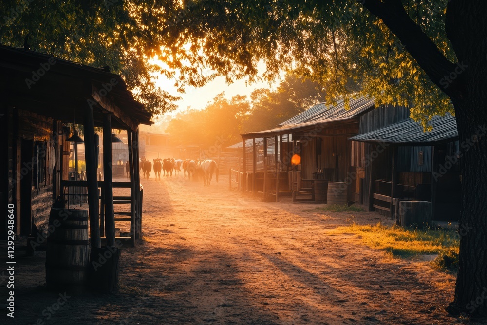 Aufkleber sunset glow illuminates farm buildings and cows in serene countryside setting near a dirt pathway. g