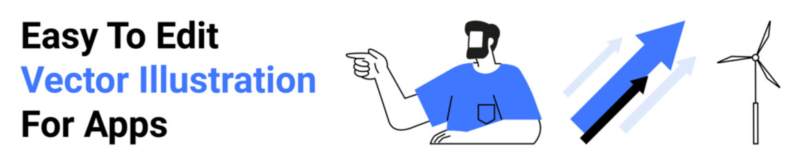 Man in blue pointing at an upward arrow and wind turbine implying growth, clean energy, and progress. Ideal for sustainability, innovation, eco-awareness, business, development, technology flat