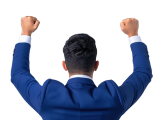 A man in a blue suit raises his arms triumphantly, expressing celebration and achievement.