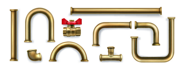 Plumbing pipes set isolated on white background. Vector realistic illustration of stainless steel tube sections, tee, valve and faucet, oil, gas, water supply, drainage and sewage system elements