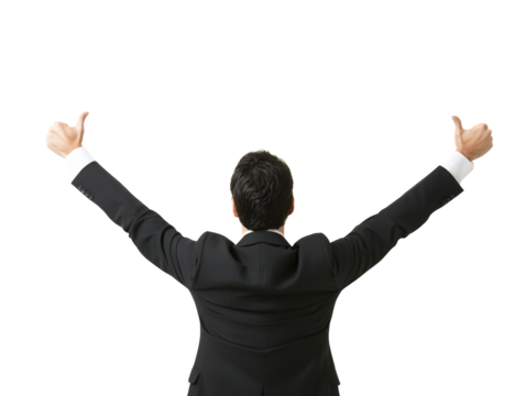 A man in a suit with arms raised in celebration or triumph.