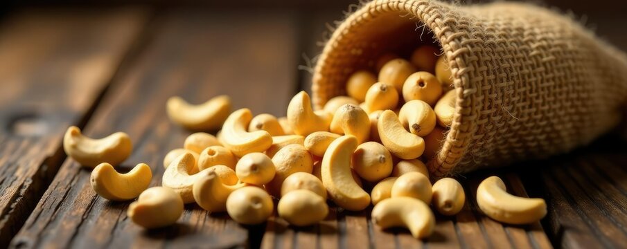 Cashew nuts scatter in all directions from the opening sack, spilling, burlap, wooden