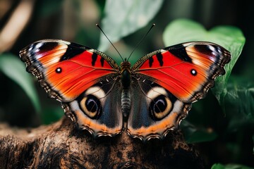A stunning peacock butterfly spreading its wings on a tree trunk, surrounded by lush green foliage