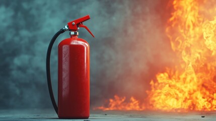 Obraz premium Red Fire Extinguisher Standing Tall Against Vibrant Flames with Dramatic Smoke in Background