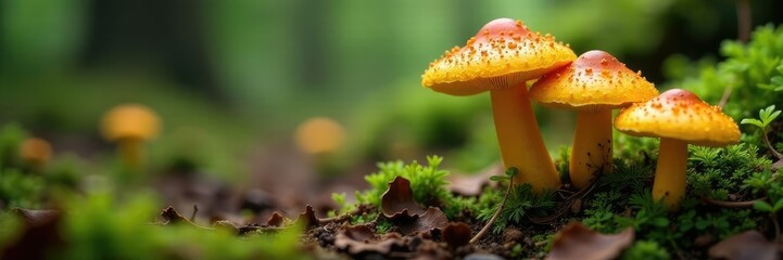 Fototapeta premium Chanterelle mushrooms growing in a forest floor, nature, sprout, grow