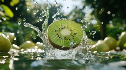 Kiwi splashing in water, orchard background, healthy food ad