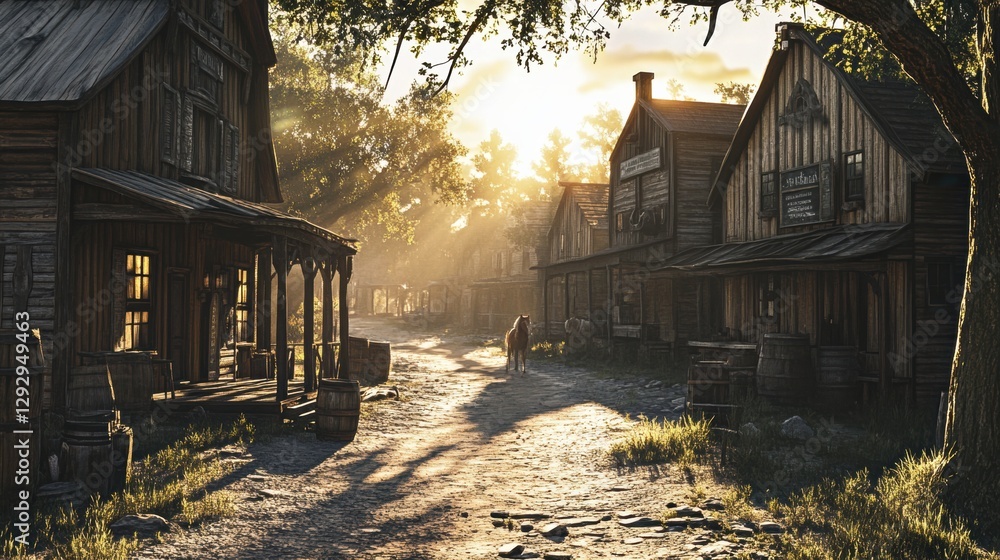 Aufkleber sunset illuminates a rustic village with wooden buildings and a quiet path at golden hour. generativ