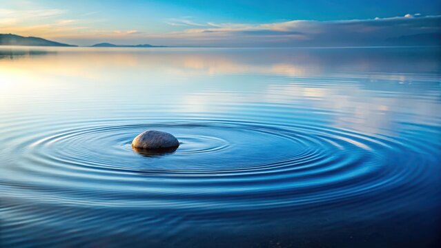 A serene stone skipping across a calm water surface, leaving behind concentric ripples that slowly dissipate into the surrounding calmness, stone skipping, serene environment